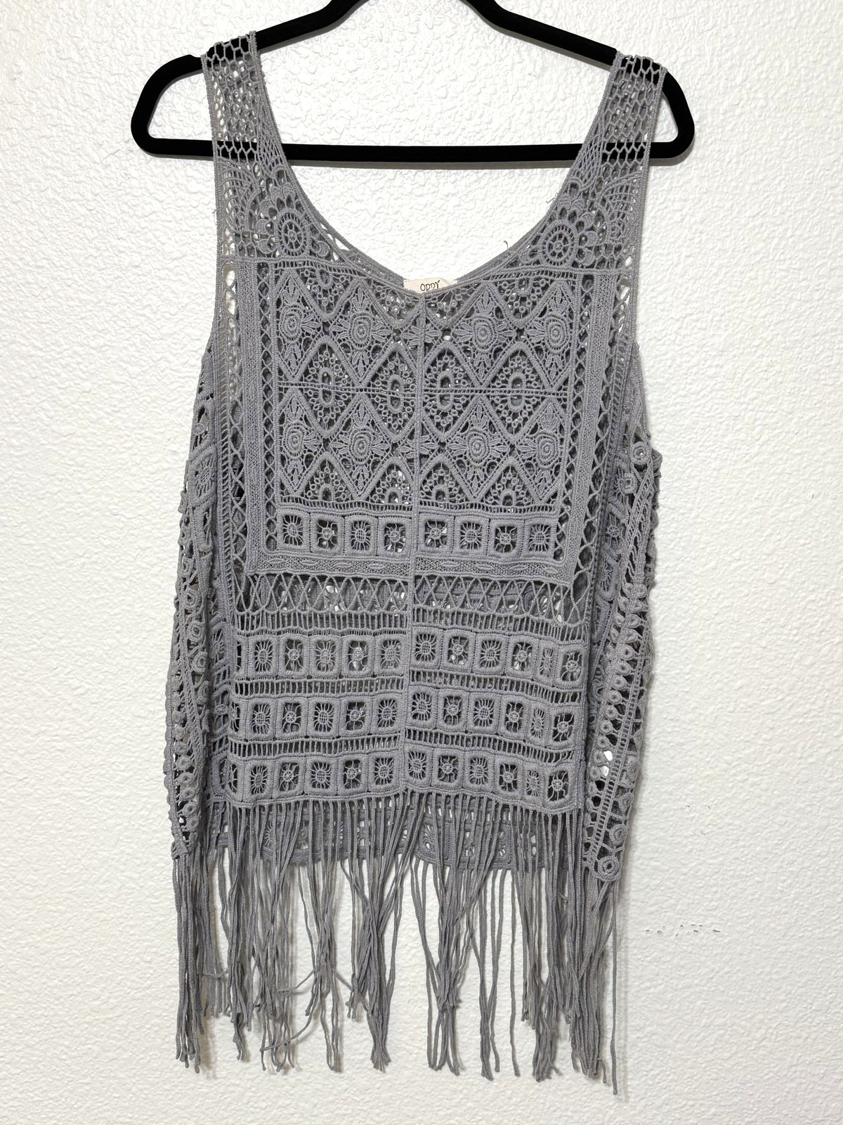 Oddy Top Womens One Size Gray Crochet Lace Fringe Boho Festival Indie