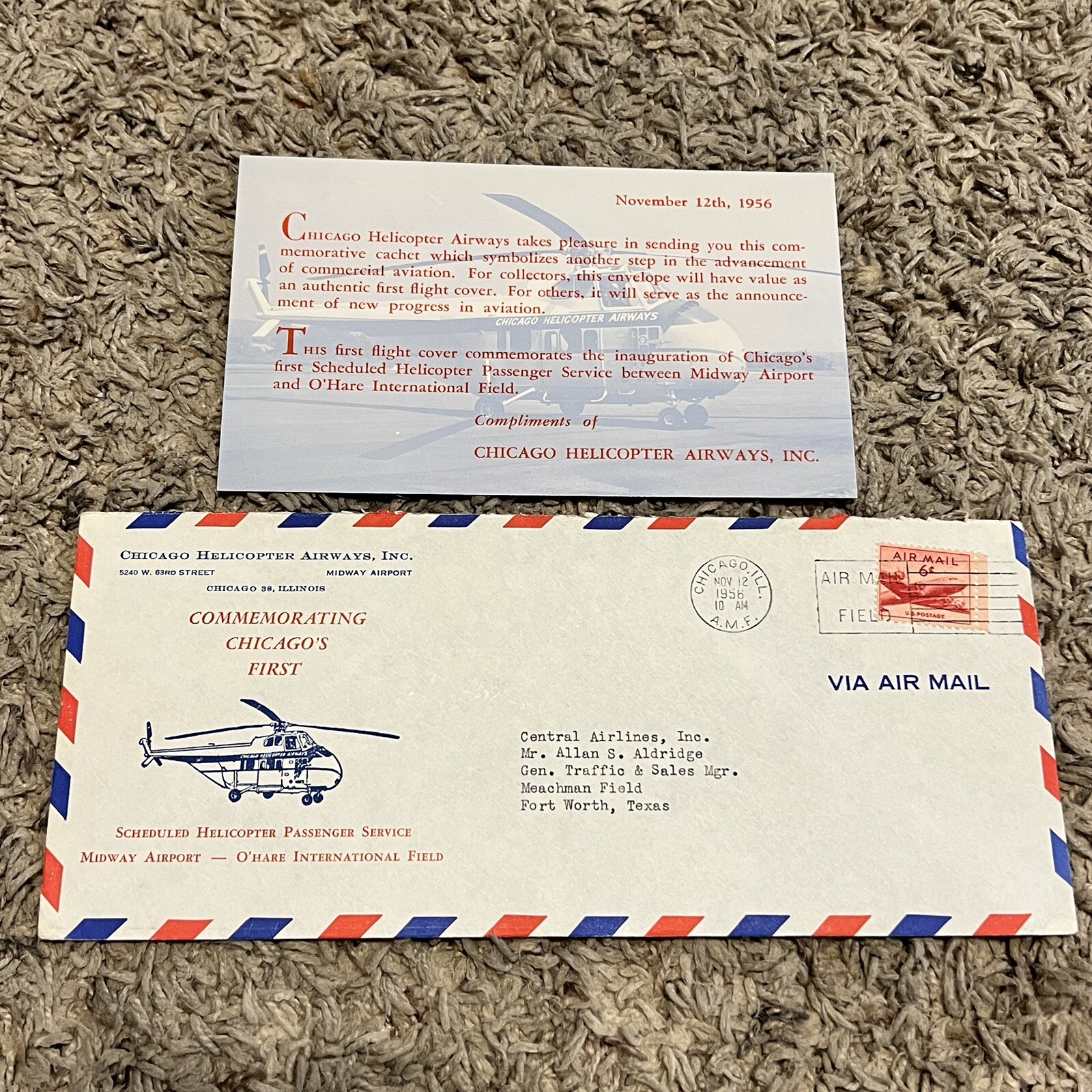 RARE 1956 CHICAGO HELICOPTER AIRWAYS FIRST FLIGHT COVER O'HARE WITH INSERT