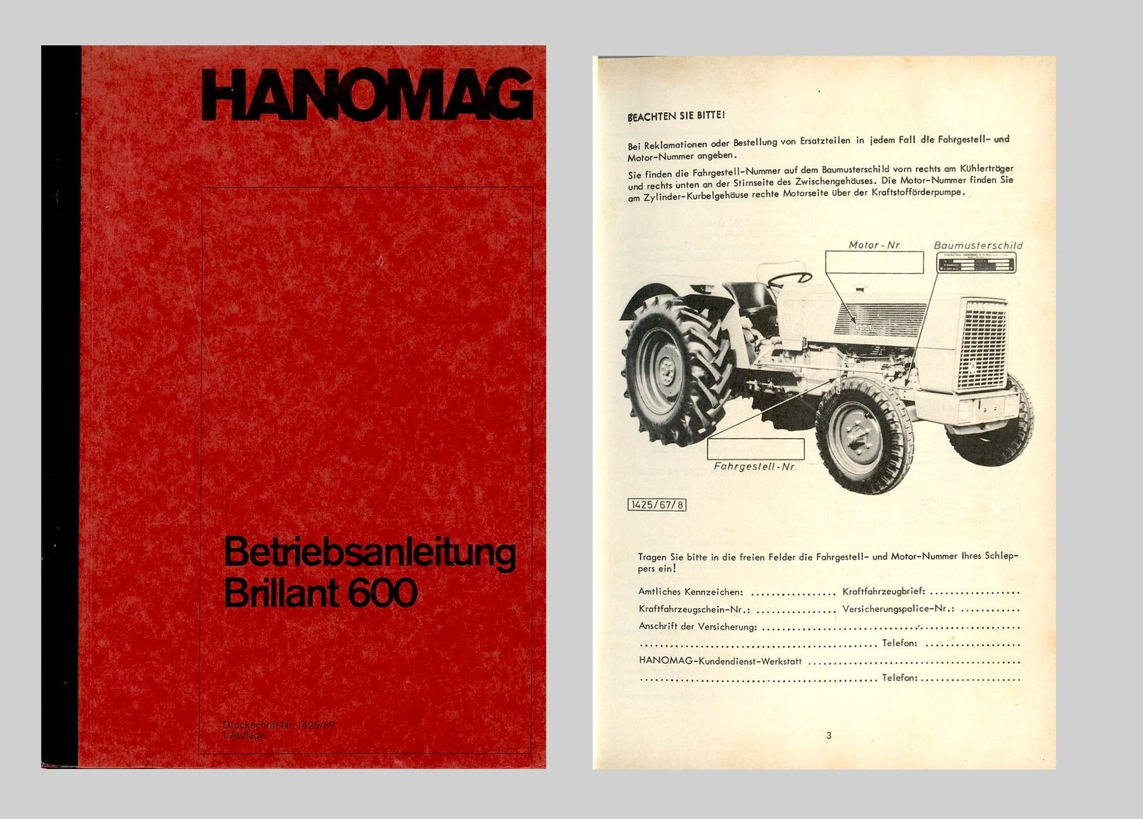 Hanomag Brillant 600 Tractor Operating Instructions Original 1967