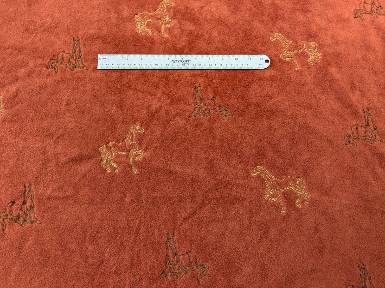 Burnt Orange Fleece Fabric with Brown and Gold Embroidered Horses, 1 1/2 yards Burnt Orange Fleece Fabric with Brown and Gold Embroidered Horses, 1 1/2 yards