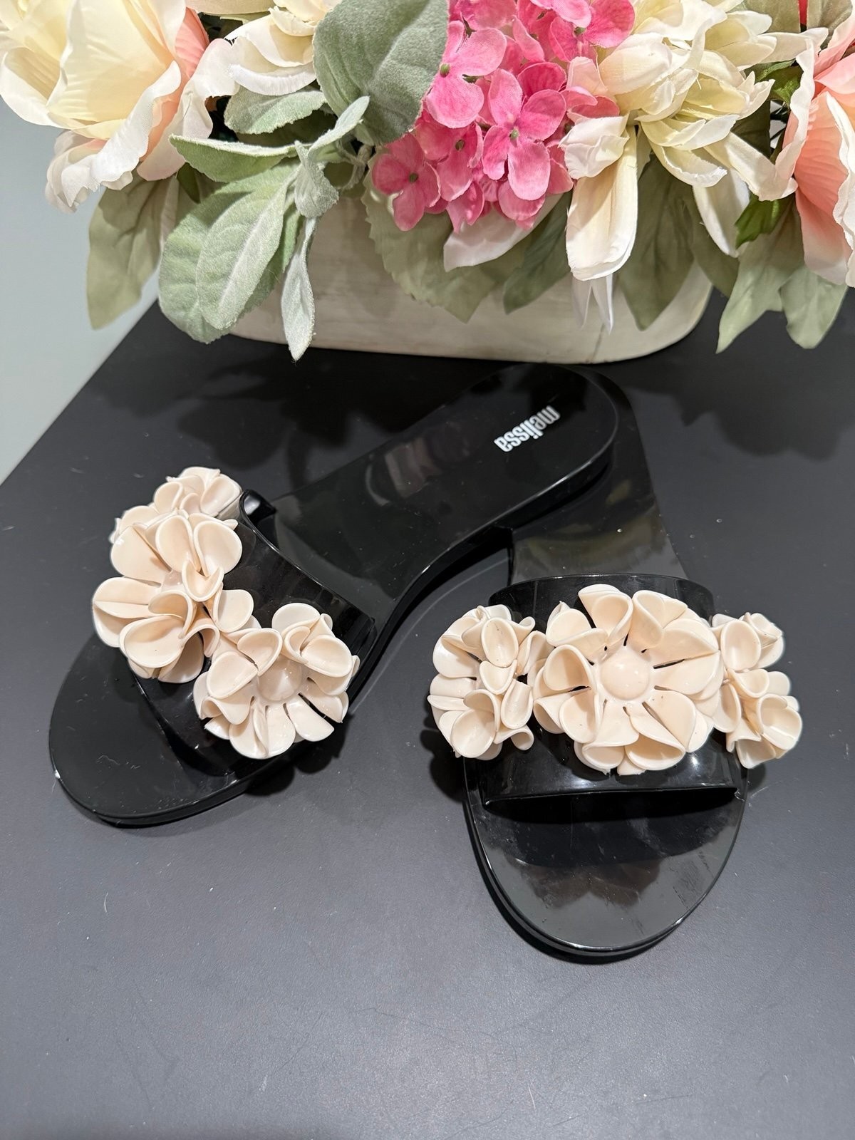 Melissa Black Jelly Sandals 3D Cream Floral Flower Slides US 8 EU 39 slides