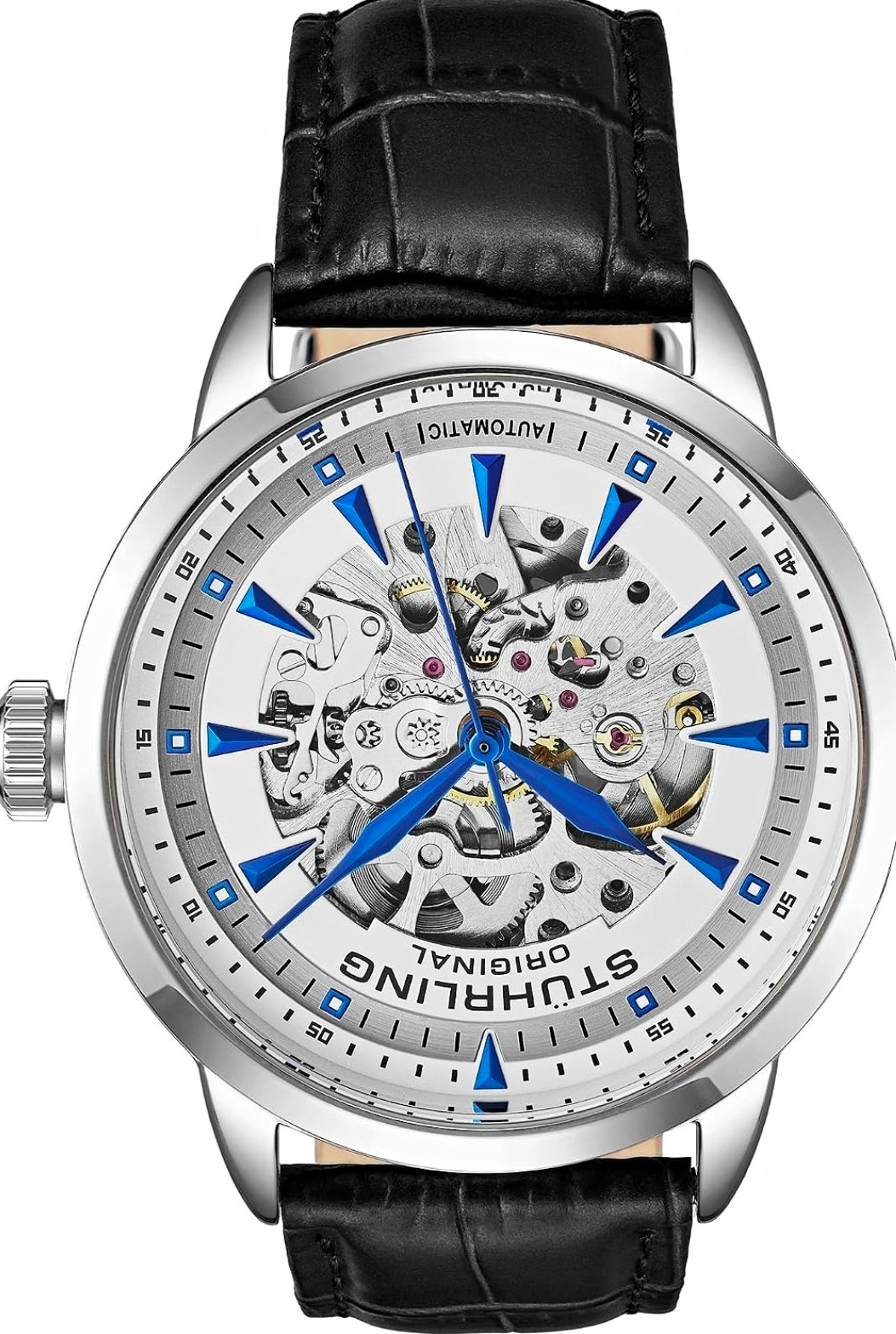 Stührling Original Men\'s Automatic Skeleton Dial 42mm SS Black Leather 50m