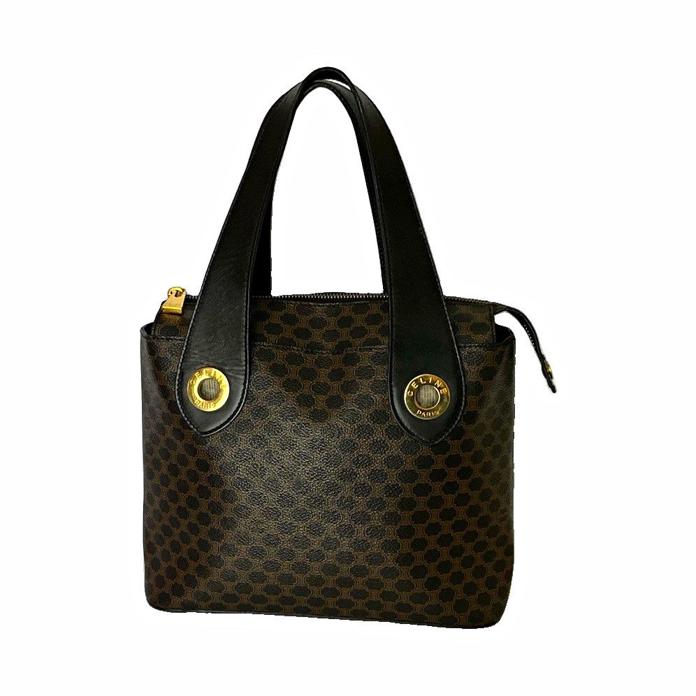 Vintage Celine Macadam Ring Handle Satchel Bag Black Coated Canvas Tote