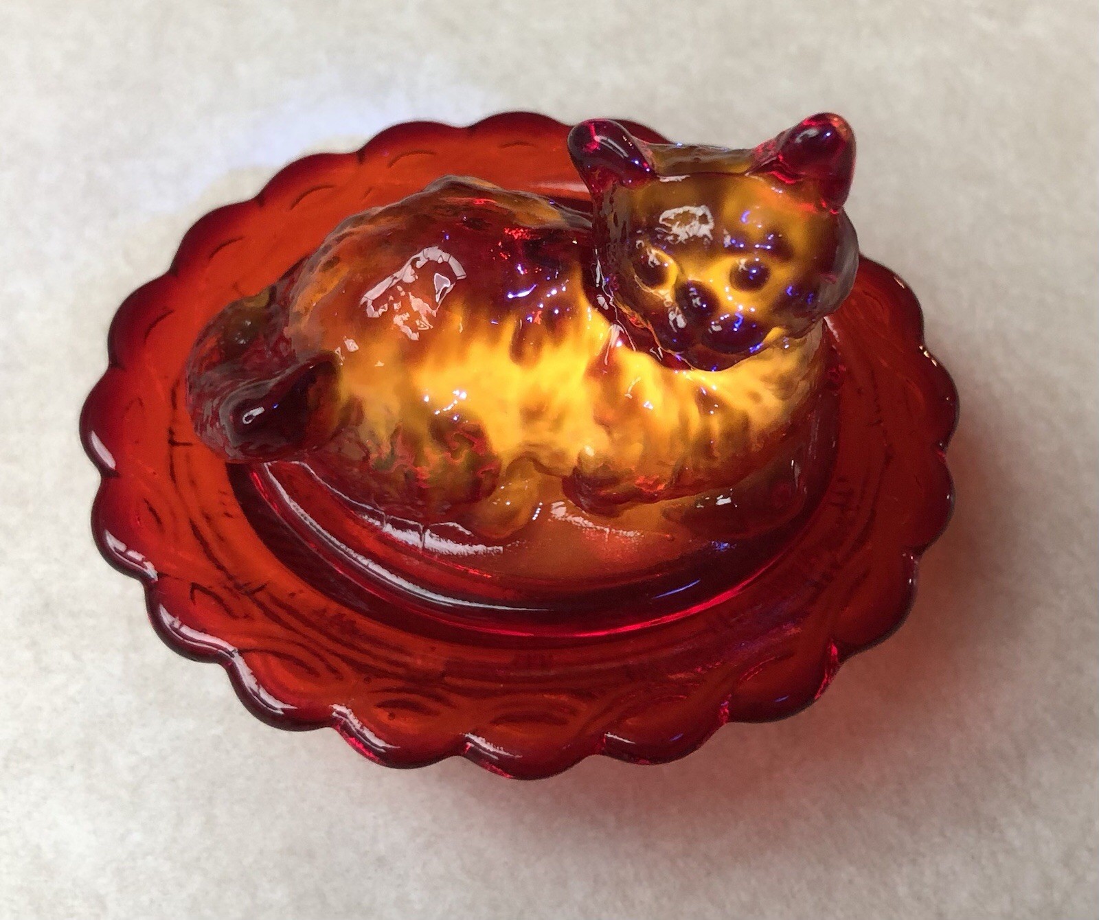 Mosser Glass Red Cat on Nest Miniature Covered Dish Salt Cellar GLOWS