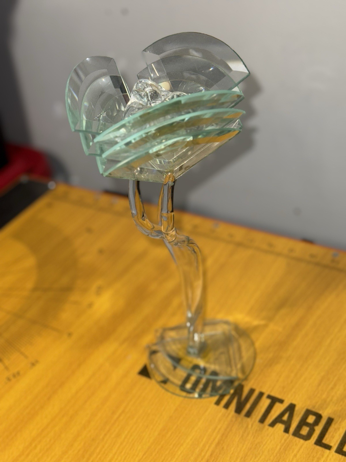 Art Deco Hand Formed Glass Candlestick with Beveled Glass Quarter Circle Wedges