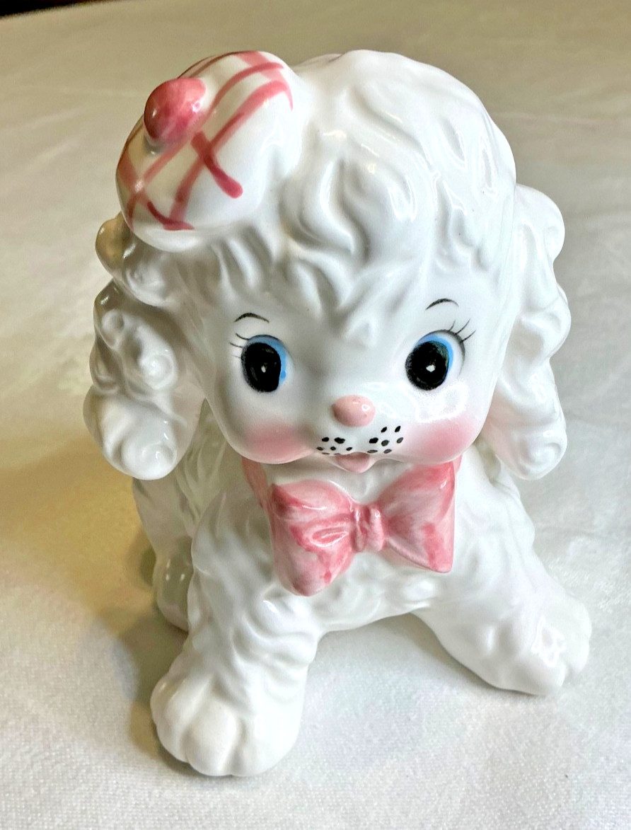 Vtg 1950s Enesco E-2842 Ceramic Puppy Dog Planter Big Eyes Pink Bow Japan MCM Ki