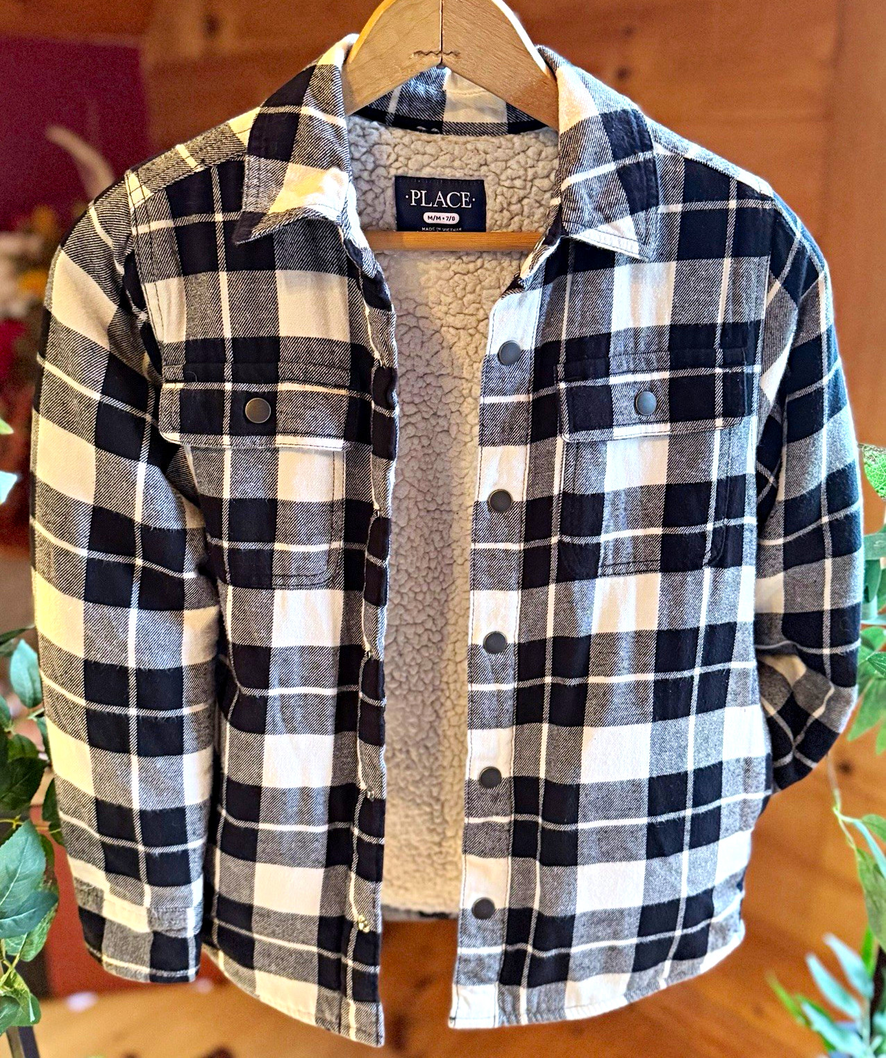 The Children\'s Place Check Lined Shirt Jacket Button Black/White Boys 7-8Y