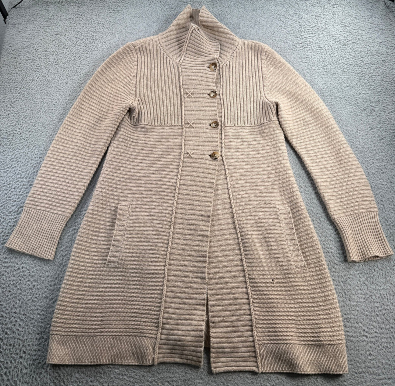 Mantovani Studio Cashmere Coat Womens Large Beige Italian Ribbed Knit Sweater