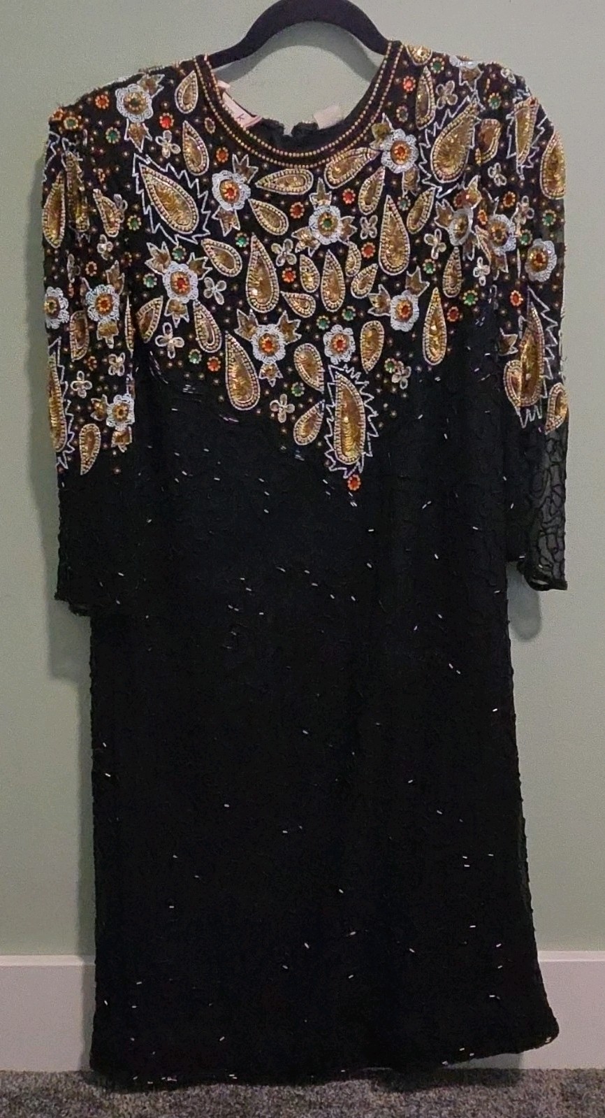  Vtg Laurence Kazar Black and gold holiday sequin silk beaded  Dress 1X XL