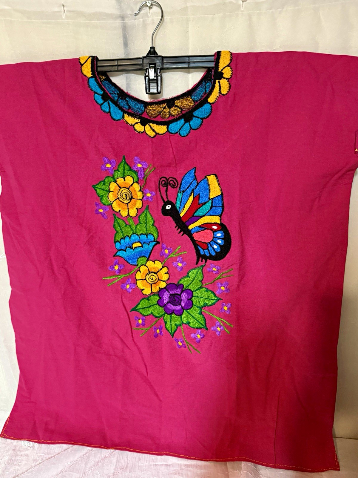 Women\'s Pink Cotton Embroidered Butterfly Floral Tunic Blouse, One Size