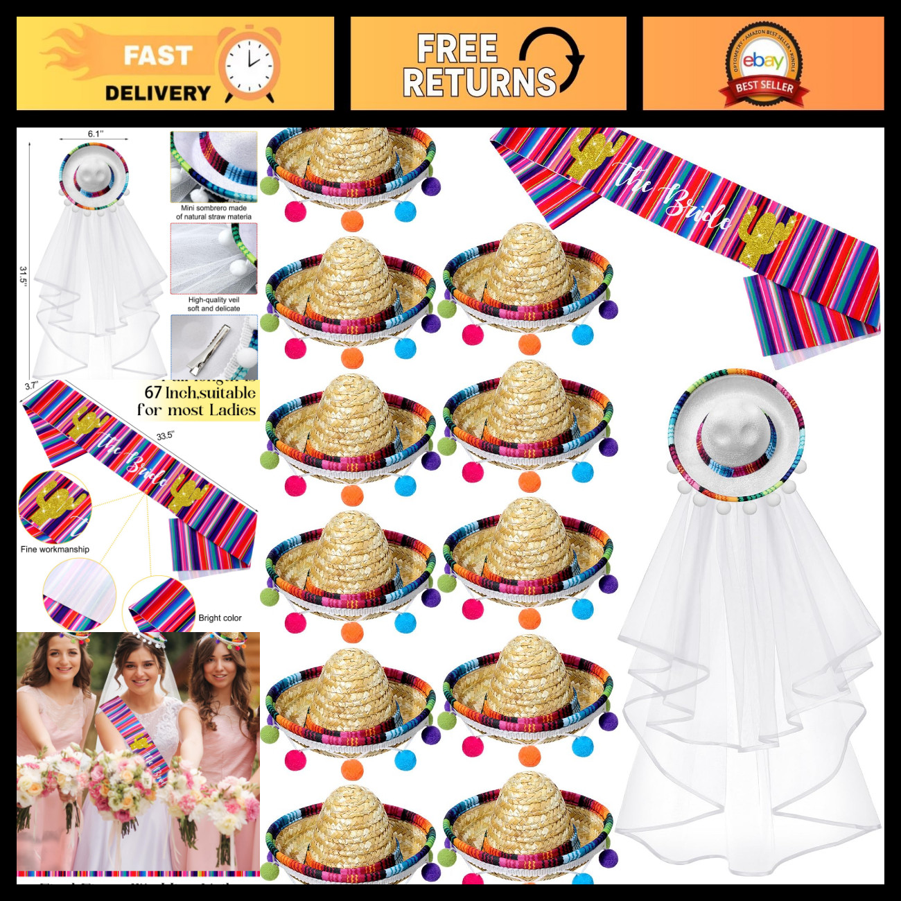 13 Pcs Bachelorette Party Set - Bride Veil, 11 Hats, Fiesta Decorations, Fun Sup