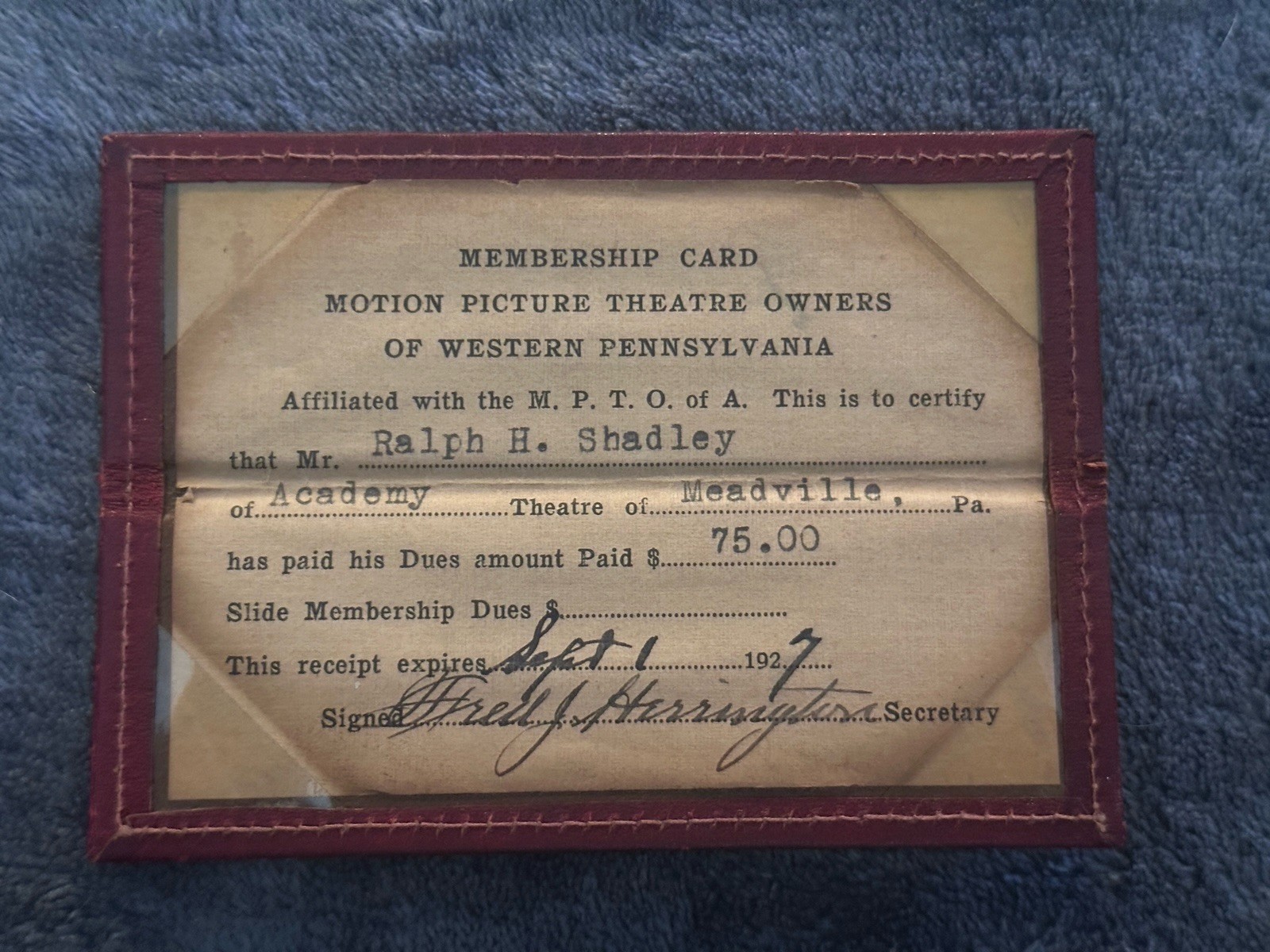 1927 Motion Picture Theatre Owners Card Ralph Shadley Academy Meadville PA
