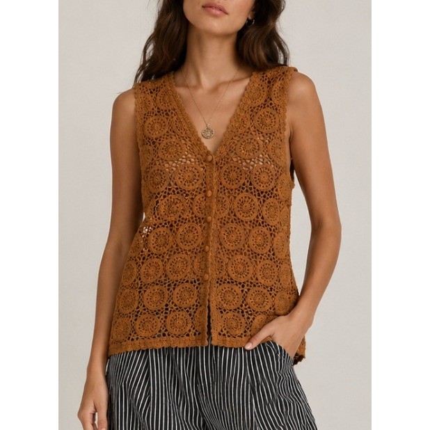 Vtg Claudia D Hand Knit 100% Silk Crochet Vest Brown Large  Women 1993 Boho