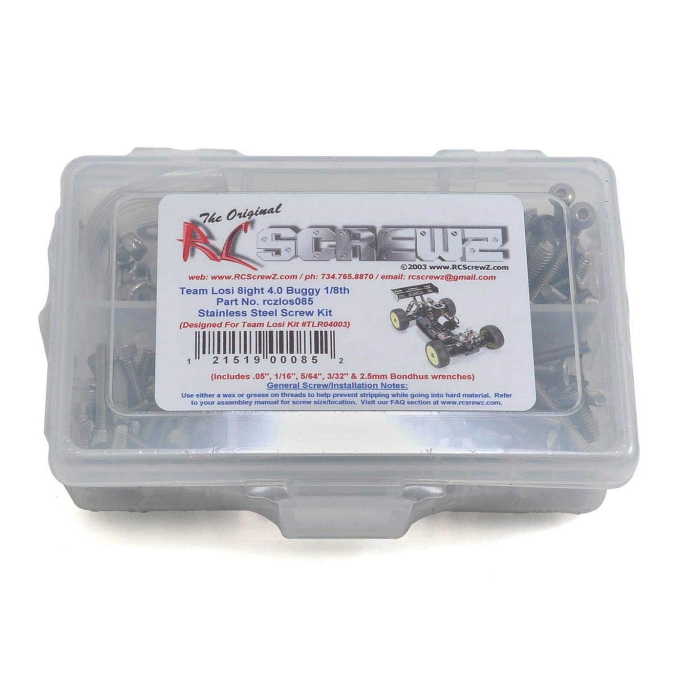 RC Screwz Stainless Steel Screw Set: Losi 8IGHT 4.0, RCZLOS085, Silver/Metallic