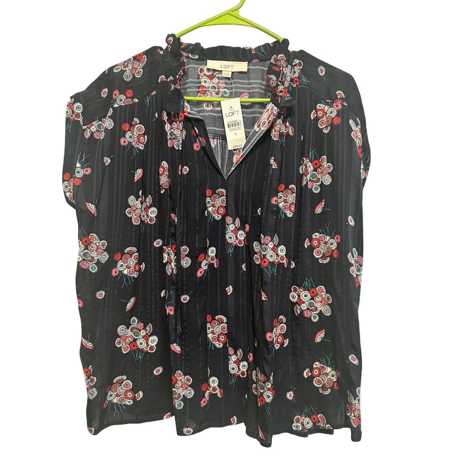 LOFT Women’s Small Navy Floral Tassel Tie Peasant Blouse Boho Lightweight NWT