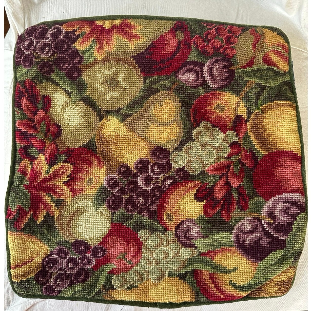 Vintage Williamsburg Needlepoint Fruit Green Velvet Back Throw Pillow case13x14” Vintage Williamsburg Needlepoint Fruit Green Velvet Back Throw Pillow case13x14”