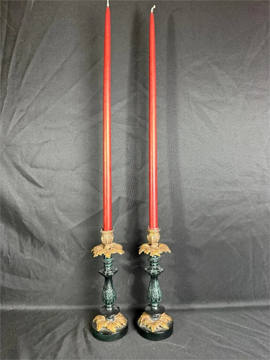  Vintage Neoclassical Verdigris & Gold Acanthus Candlesticks - Pair (11.5\