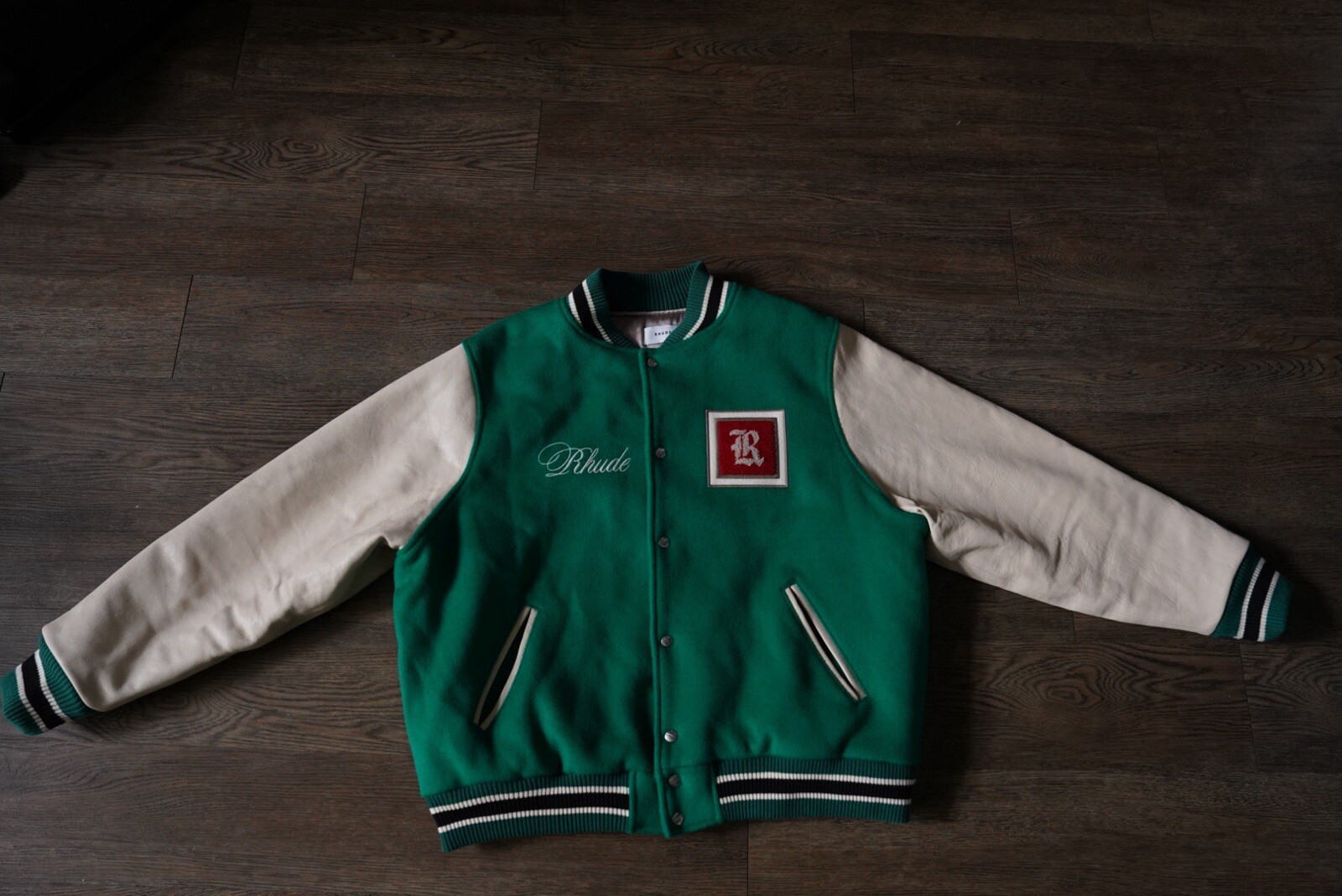 RHUDE Tile Varsity Jacket Men\'s Size XL Menthol/Creme
