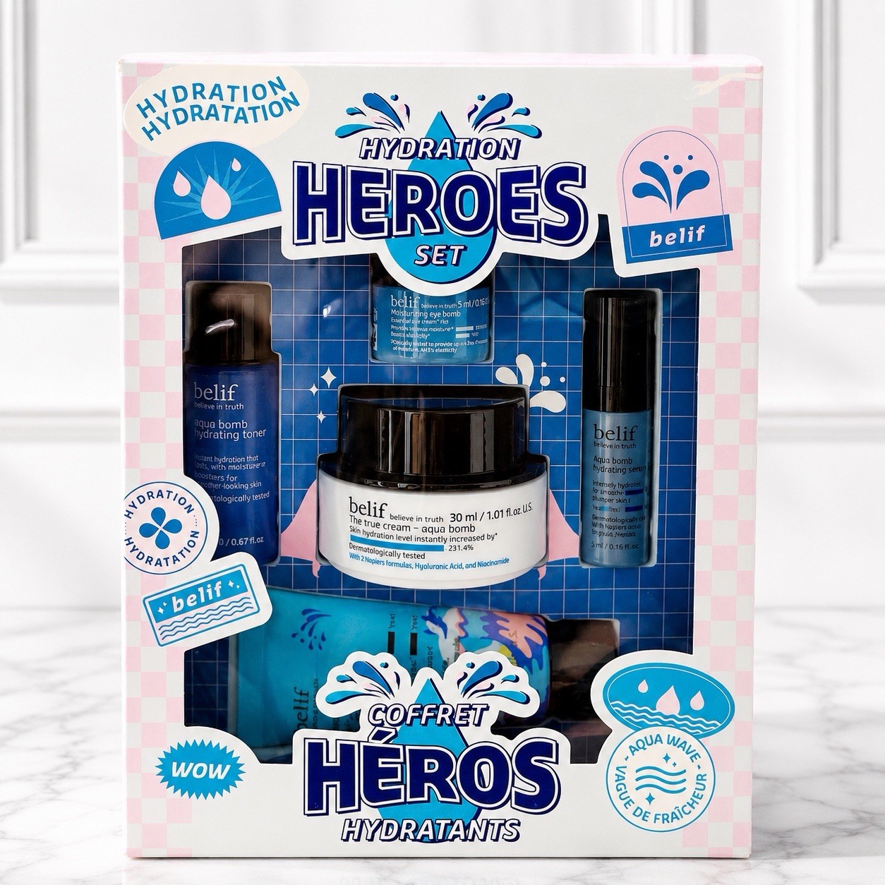 belif Hydration Heroes 5pc Skincare Set Aqua Bomb Cleanser Toner Serum Cream NIB