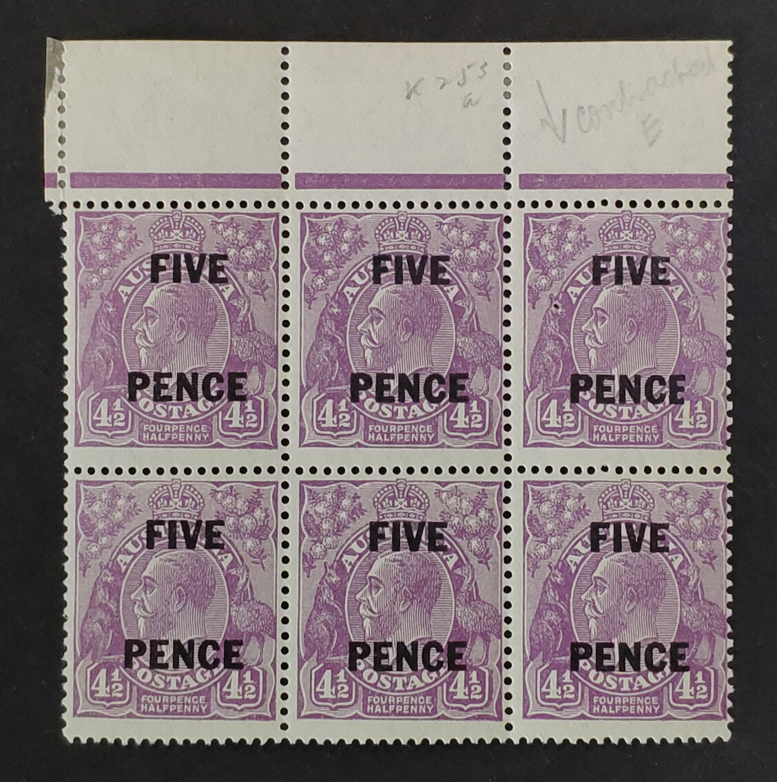 AUSTRALIA. GV ERROR 1930 5d on 4 1/2d Violet block of 6 stamps, unmounted mint.