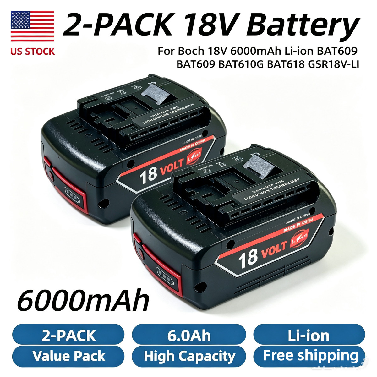 2-PACK 6.0Ah Battery For Bosch 18V GLI18V series cordless work lights US 2-PACK 6.0Ah Battery For Bosch 18V GLI18V series cordless work lights US