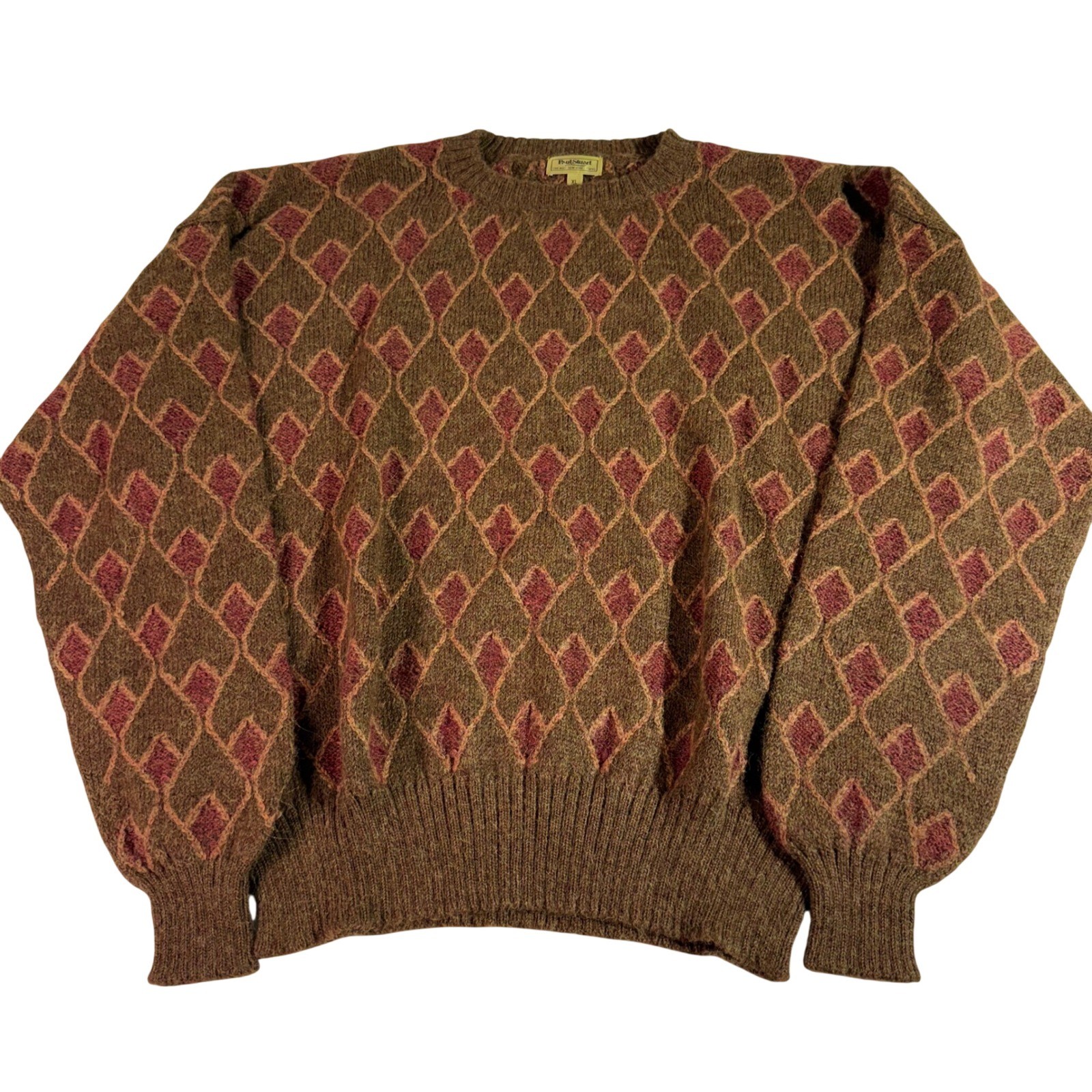 Paul Stuart 100% Alpaca Sweater XL Brown Diamond Hand Knit Peru Vintage