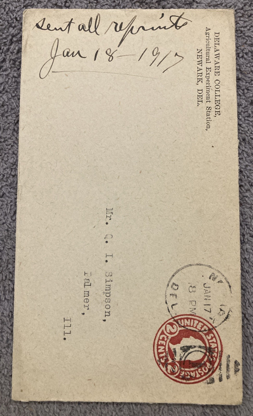 1917 Delaware College Agricultural Ecperiment Station Newark Postal Cover