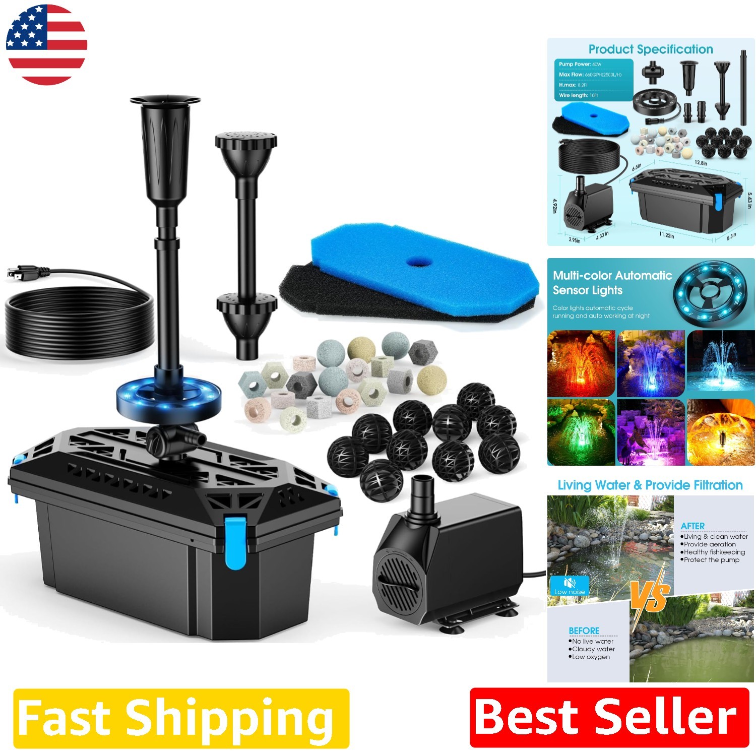 Clear Water Pond Filter 660GPH 40W Pump RGB Lights Outdoor Garden