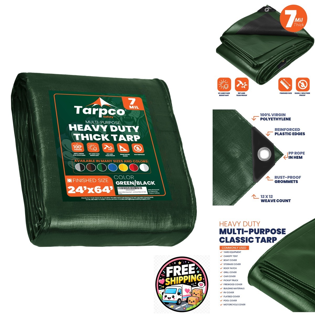 Tarpco Safety 7 Mil Tarp Waterproof Poly Green/Black 25\' X 40\'