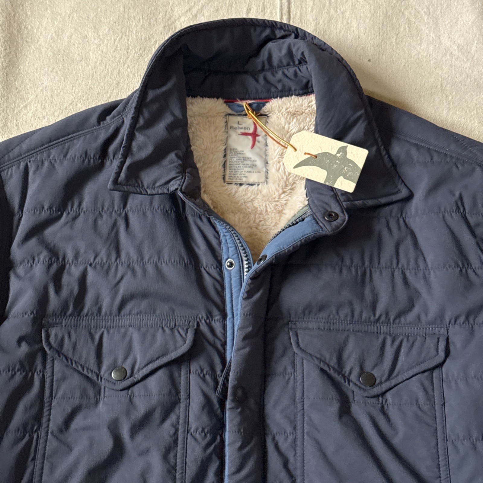Relwen Quilted Superfleece Jacket L Blue Huckberry Sherpa Lined Coat
