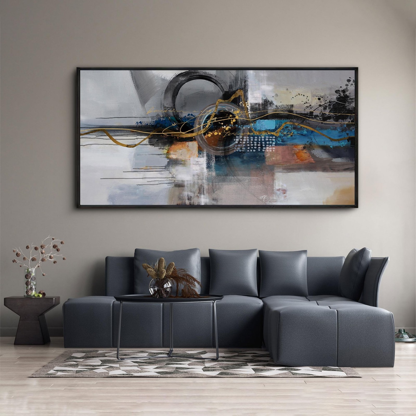 XLSJERST Large Abstract Frame Wall Art - Black and Blue Cnavas Framed Artwork...