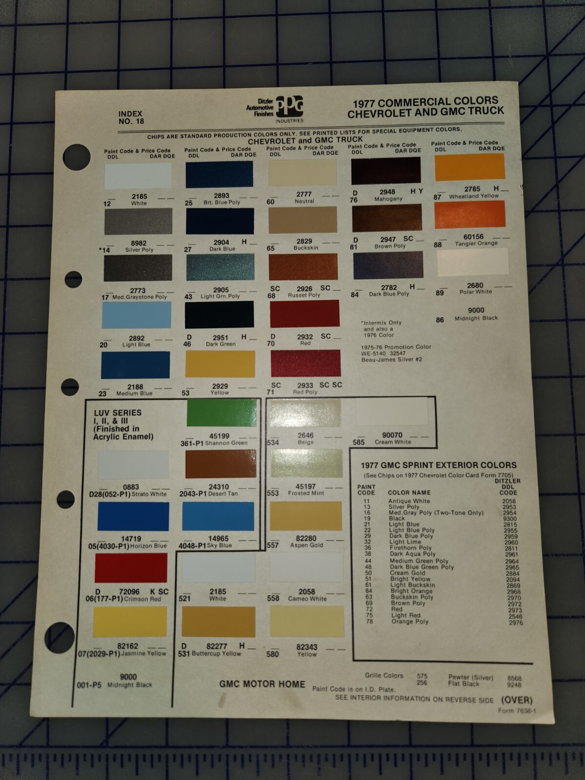 1977 Chevrolet GMC Truck Color Chip Sheet PPG