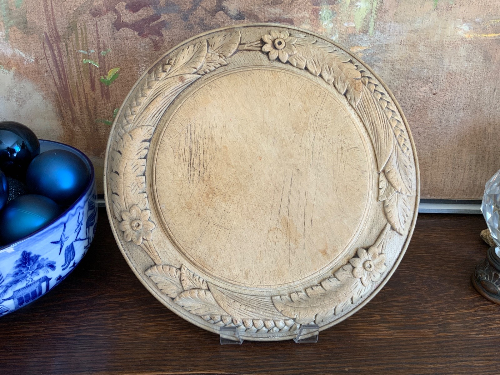 English Victorian Carved Wood Bread Board Large  13 1/4” Stunningly Carved C1900