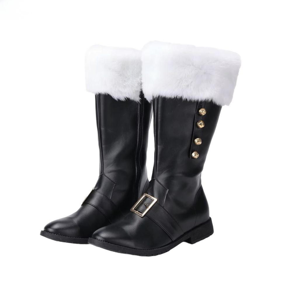 Men\'s Santa Claus Christmas Boots PU Leather White Plush Cuff Costume Shoes