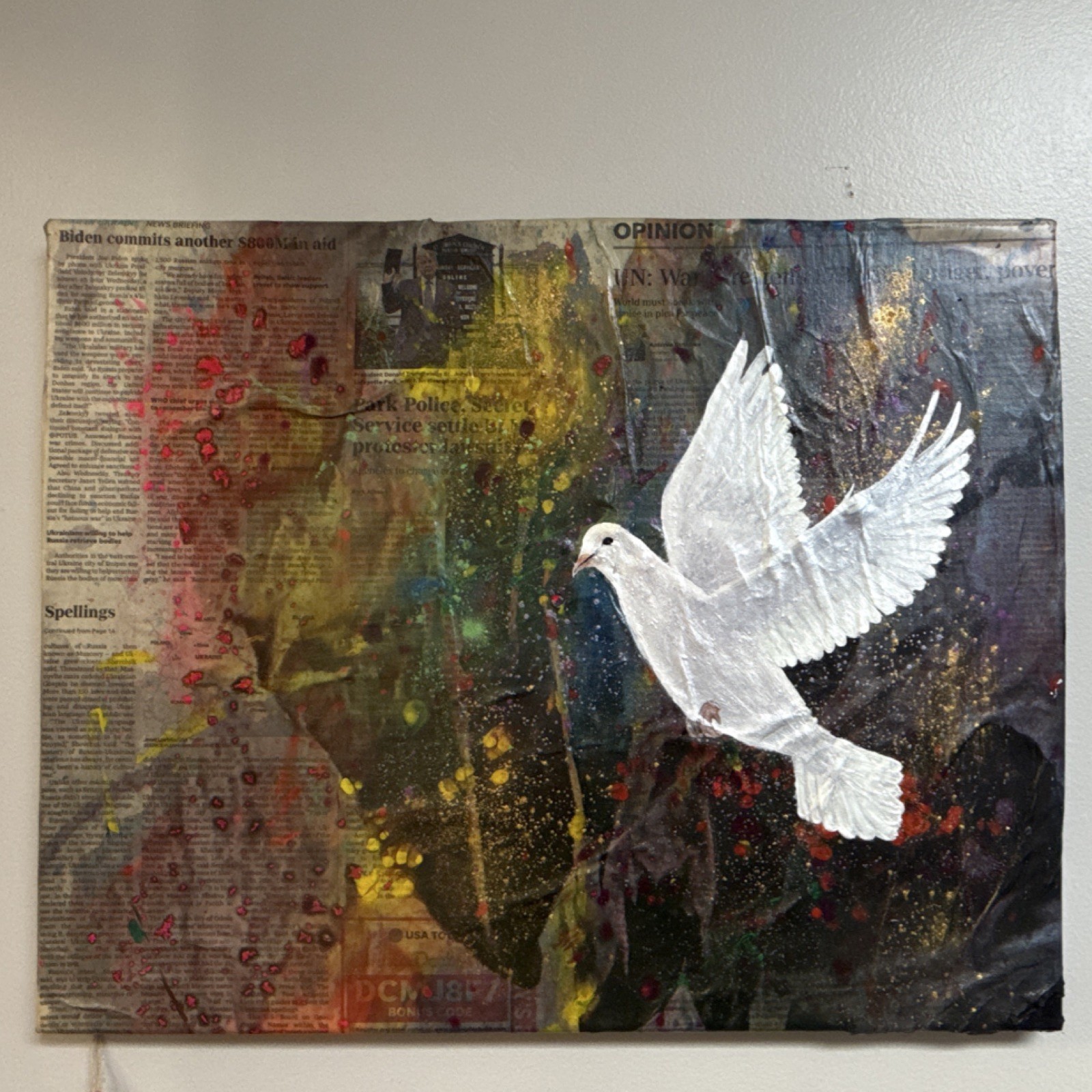 Original Mixed Media Collage White Dove Political Contemporary Art Work. 