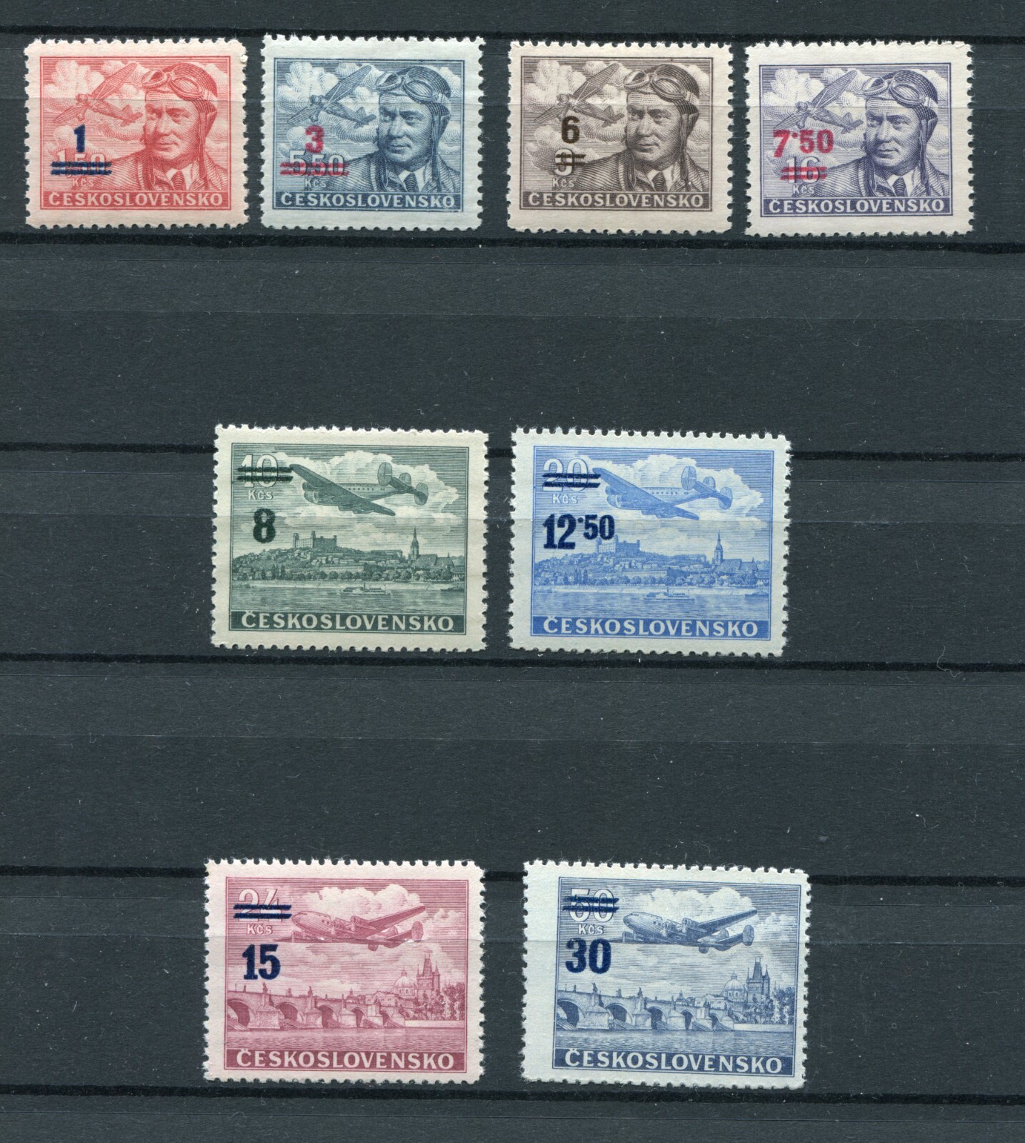 CZECHOSLOVAKIA 1949 AIRMAIL OVERPRINT SET SCOTT C28-C35 PERFECT MNH