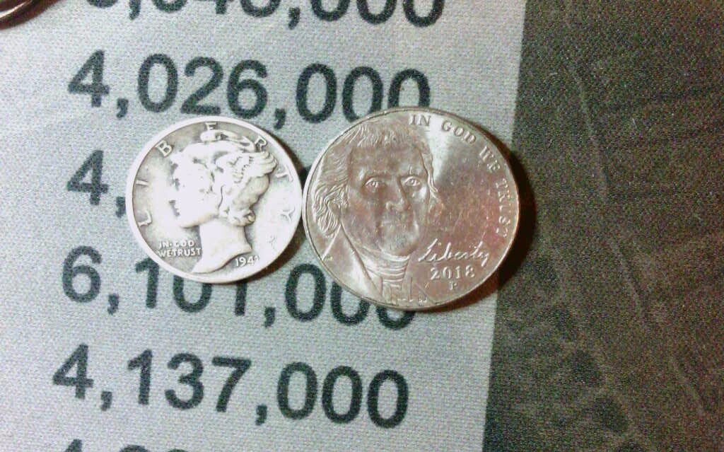 One 1916-1945 90% Silver Mercury Merc Dime 10c Coin and One Nickel with Chip One 1916-1945 90% Silver Mercury Merc Dime 10c Coin and One Nickel with Chip