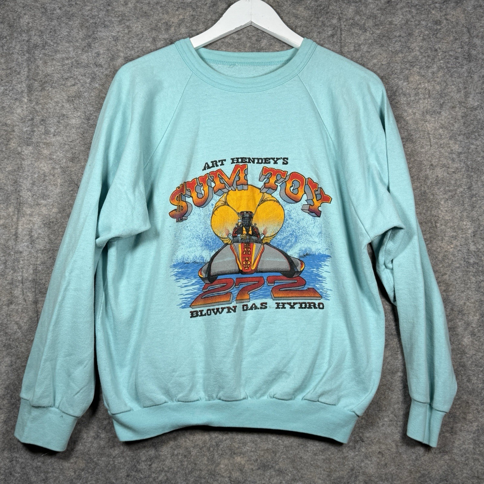 Vintage 70/80s Art Hendeys Hydro Racing Boat Sweatshirt Mens Size M 22x24 Teal Vintage 70/80s Art Hendeys Hydro Racing Boat Sweatshirt Mens Size M 22x24 Teal