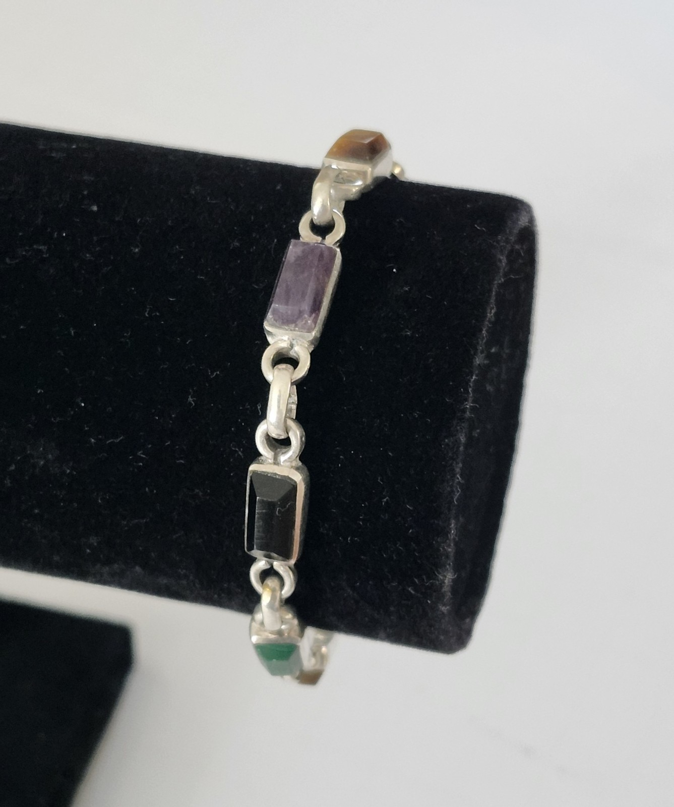Vintage Taxco Mexico Sterling Silver Link Bracelet Amethyst Onyx Malachite Tiger