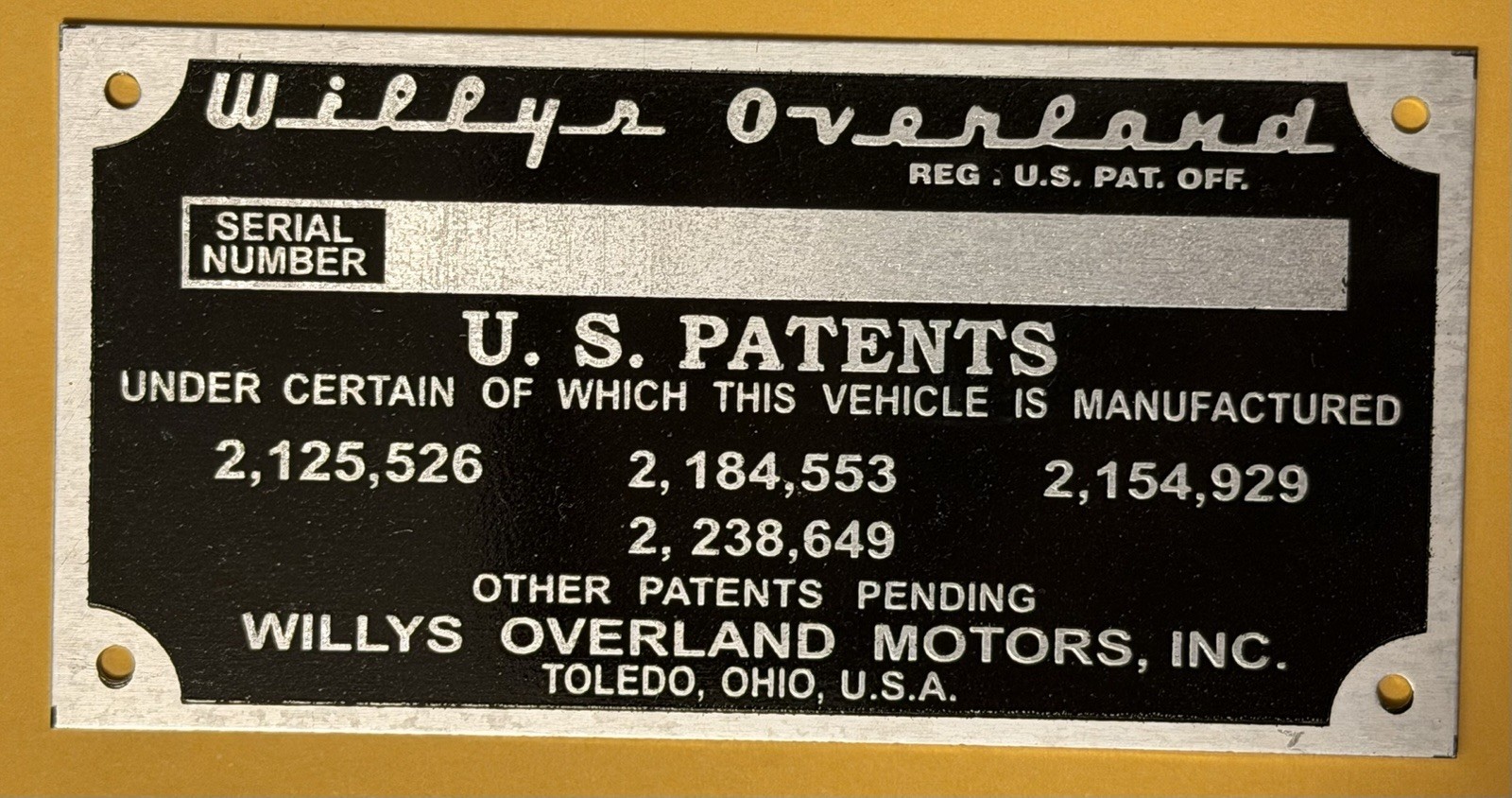 Willys Overland Date Plate Acid Etched Aluminum *STAMPED w/ Your Info