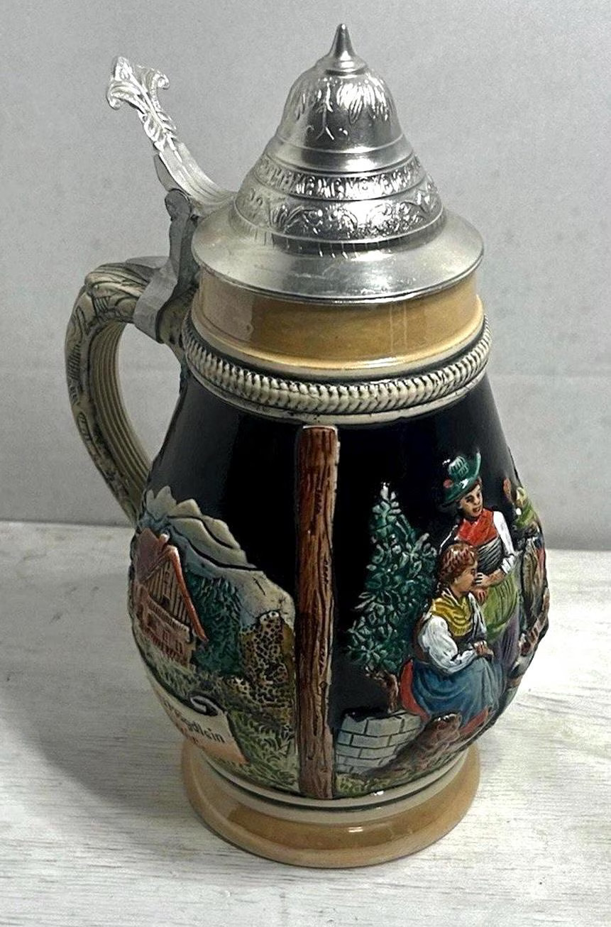 Vintage German Beer Stein 1 Liter Pewter Lid Bavarian Village Scene Oktoberfest