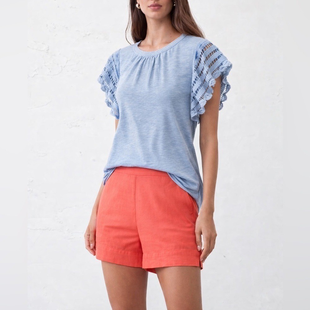 LOFT Blue Crochet Flutter Top Shirt NWT