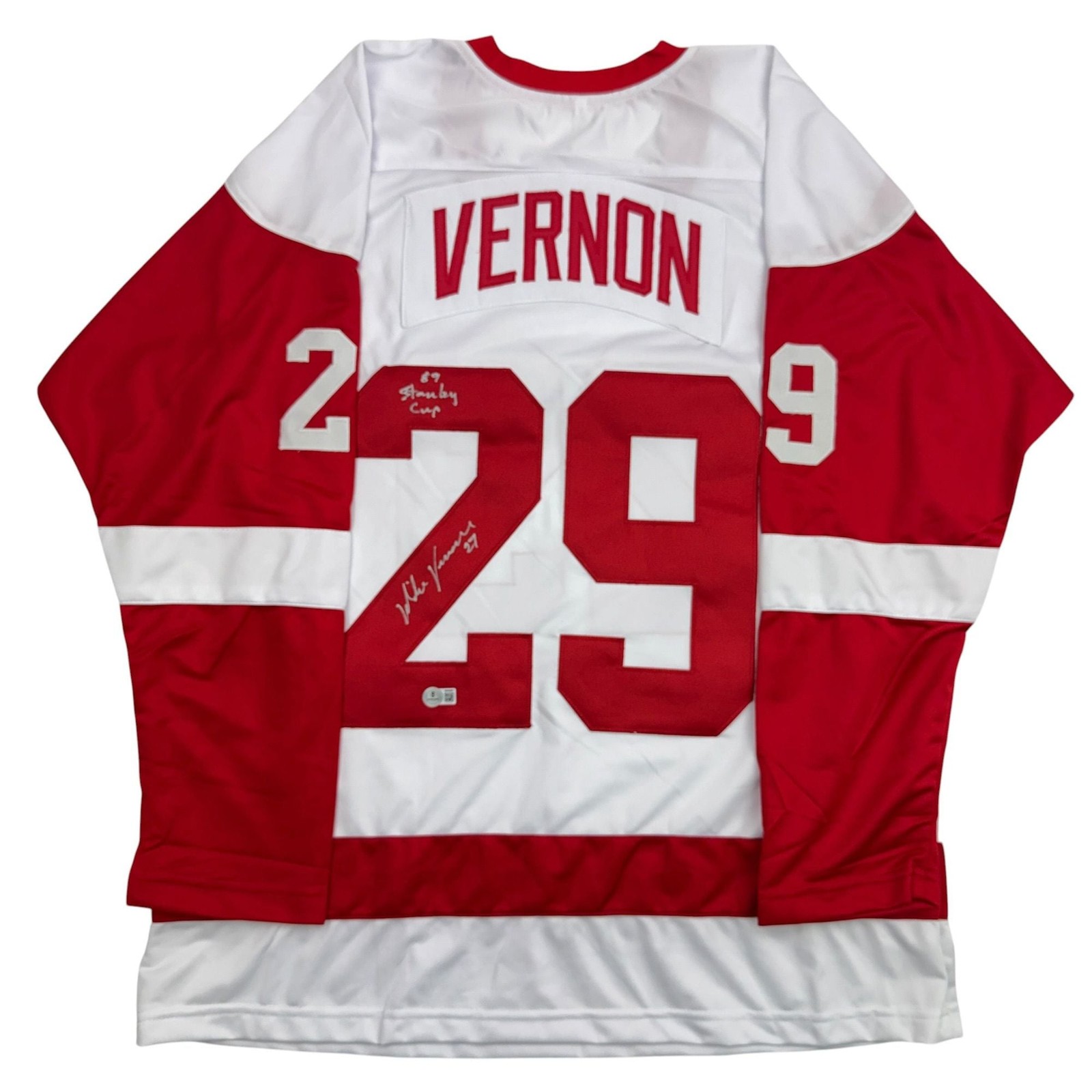 Autographed/Signed Mike Vernon Detroit White Hockey Jersey Beckett BAS COA Autographed/Signed Mike Vernon Detroit White Hockey Jersey Beckett BAS COA