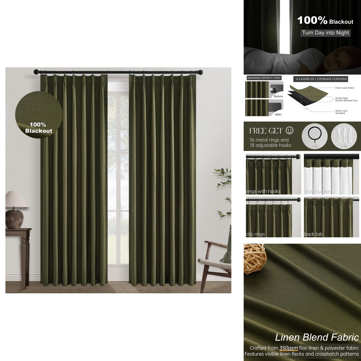 Topfinel Olive Green 102 Inches Long Blackout Linen Curtains, Pinch Pleated