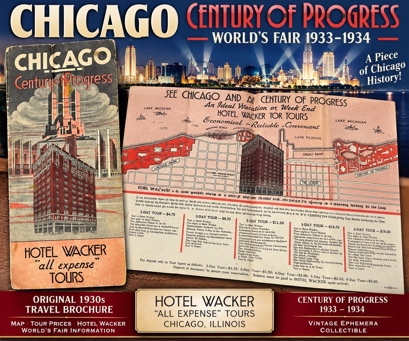 1933 Chicago World’s Fair Hotel Wacker Brochure Century of Progress Tours Map