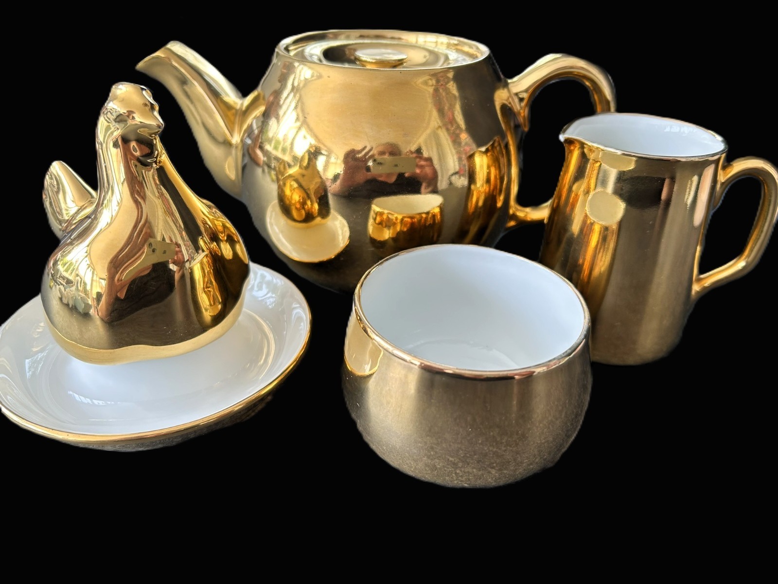 Vintage Royal Worcester Gold Lustre Fireproof Teapot Creamer Sugar & Hen Egg Cup