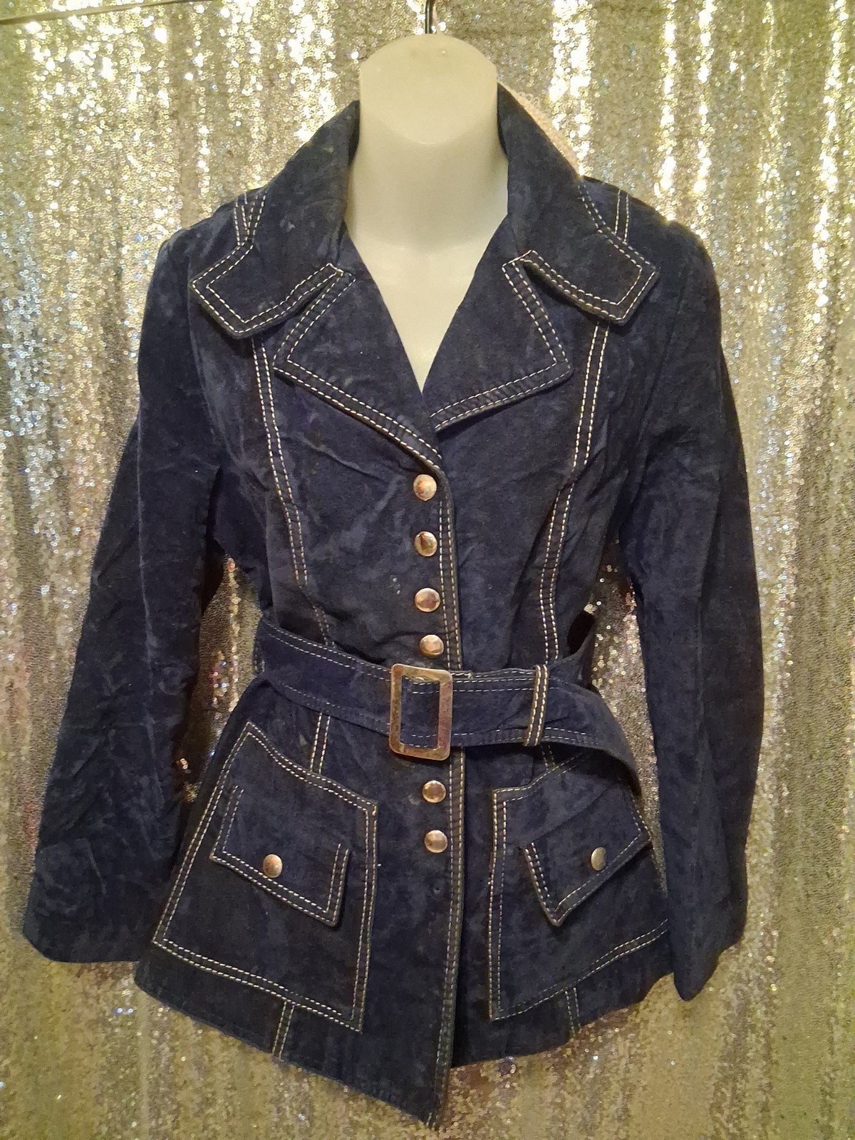 Vtg 70s Sears Blue Suede Hippy Jacket Coat Snap Front Pockets Sz M/L..