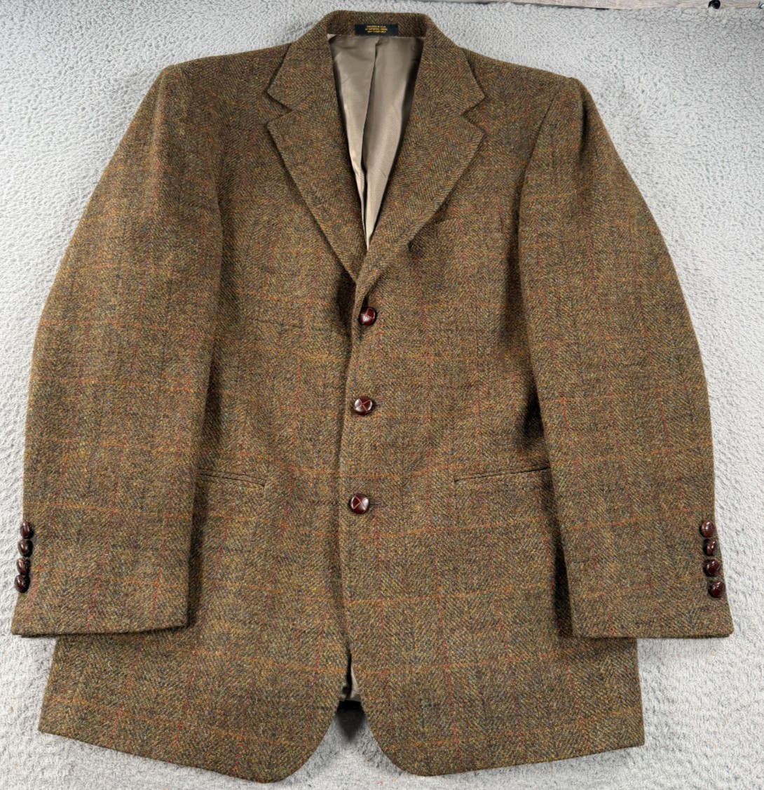 Vintage Harris Tweed Blazer Mens 39R Green Brown 100% Pure New Wool USA Made