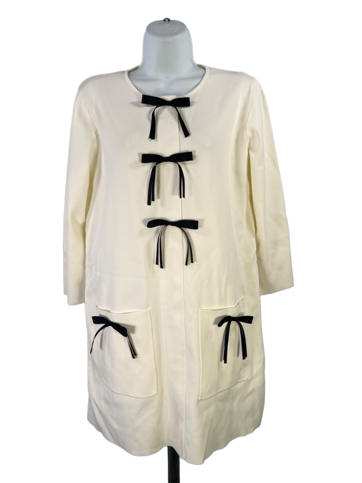 Zara Women\'s Ivory/White Bow Front 3/4 Sleeve Mini Shift Dress - L