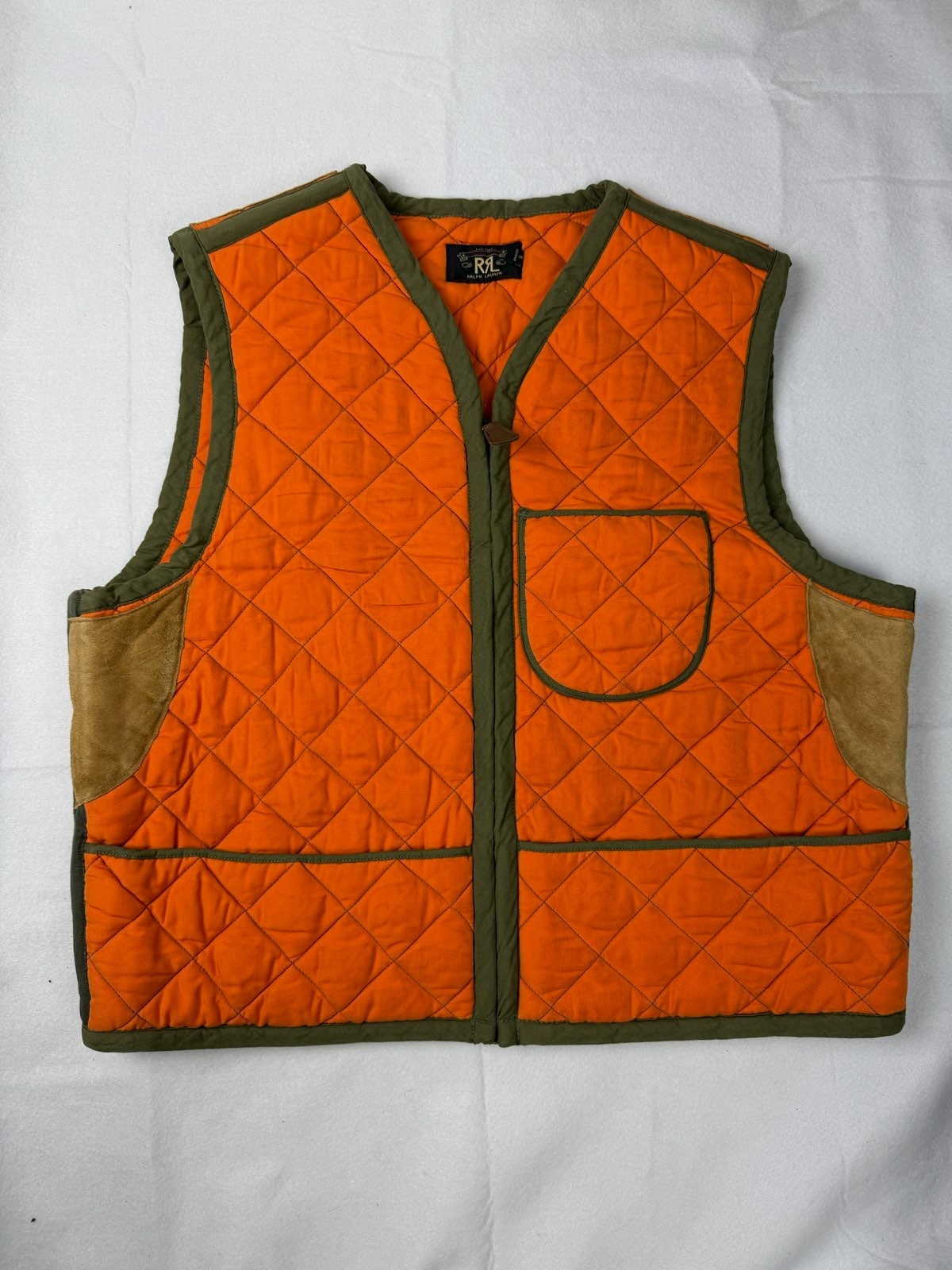 RRL Ralph Lauren Double RL Orange Quilted Hunting Vest Suede Patches AS IS